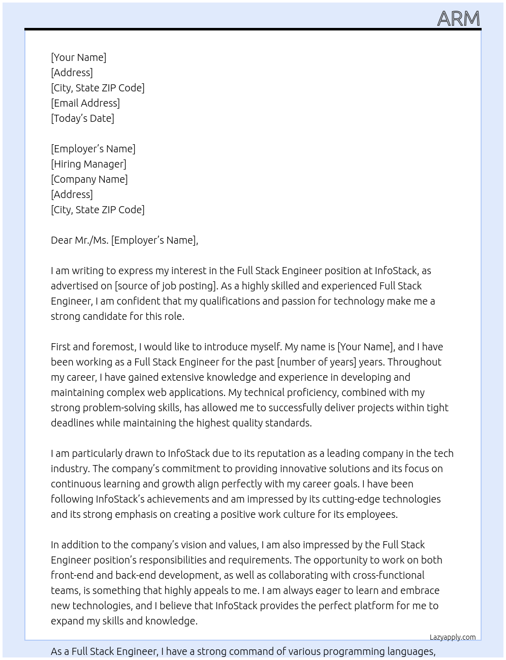Full Stack Engineer At InfoStack Cover Letter