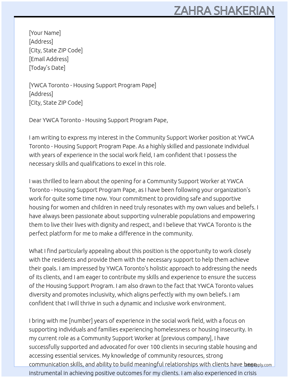 Community Support Worker At YWCA Toronto - Housing Support Program Pape Cover Letter