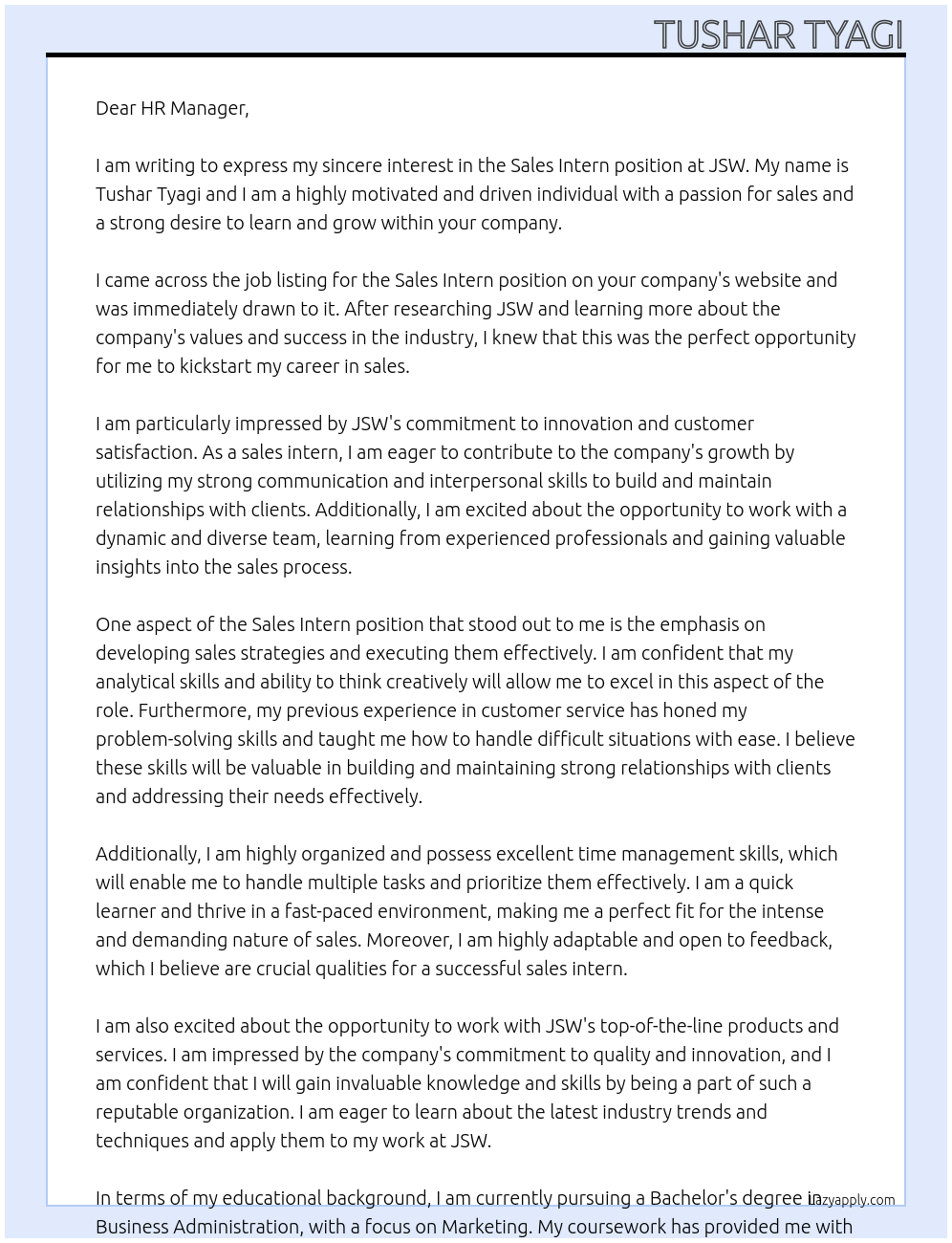 Sales intern At Jsw Cover Letter