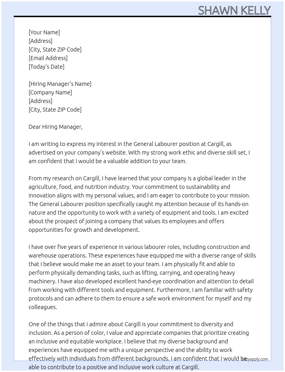 General Labourer At Cargill Cover Letter
