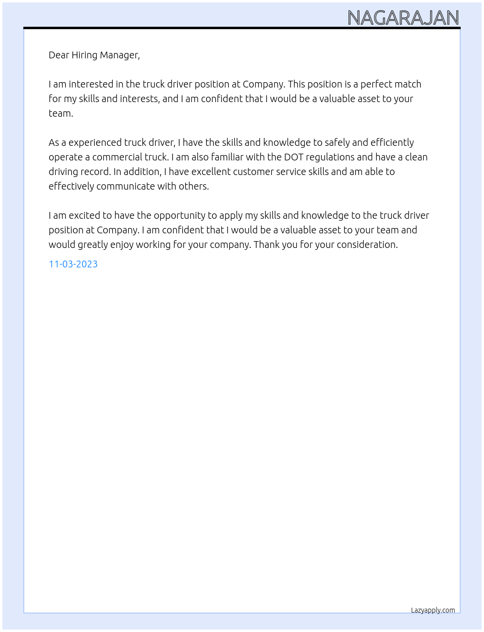 Truck driver At Company Cover Letter