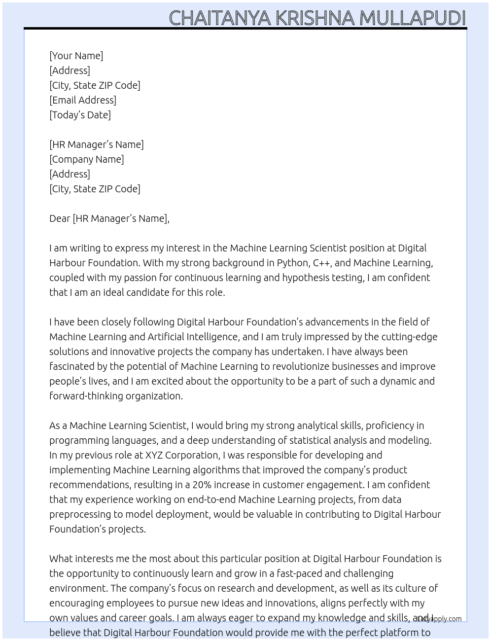 Machine Learning Scientist At Digital Harbour Foundation Cover Letter
