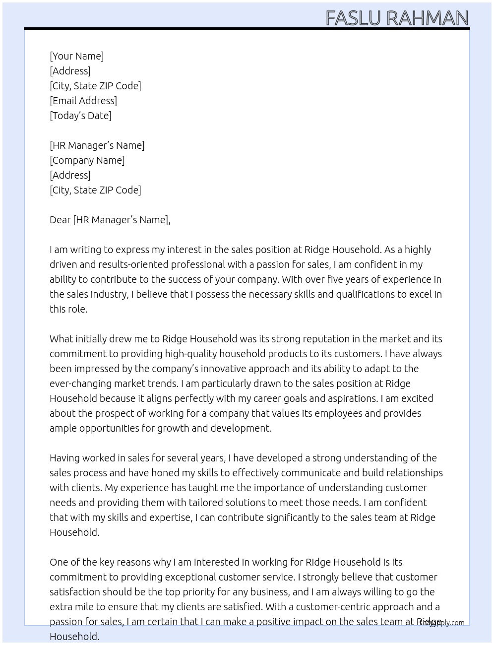 sales At Ridge house hold Cover Letter