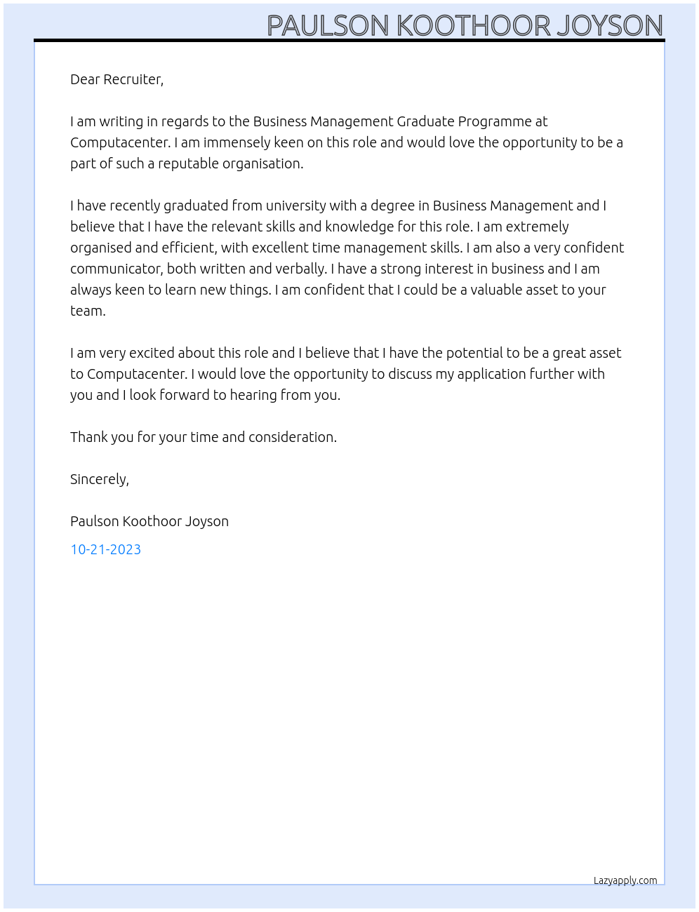 Business Management Graduate Programme At Computacenter Cover Letter