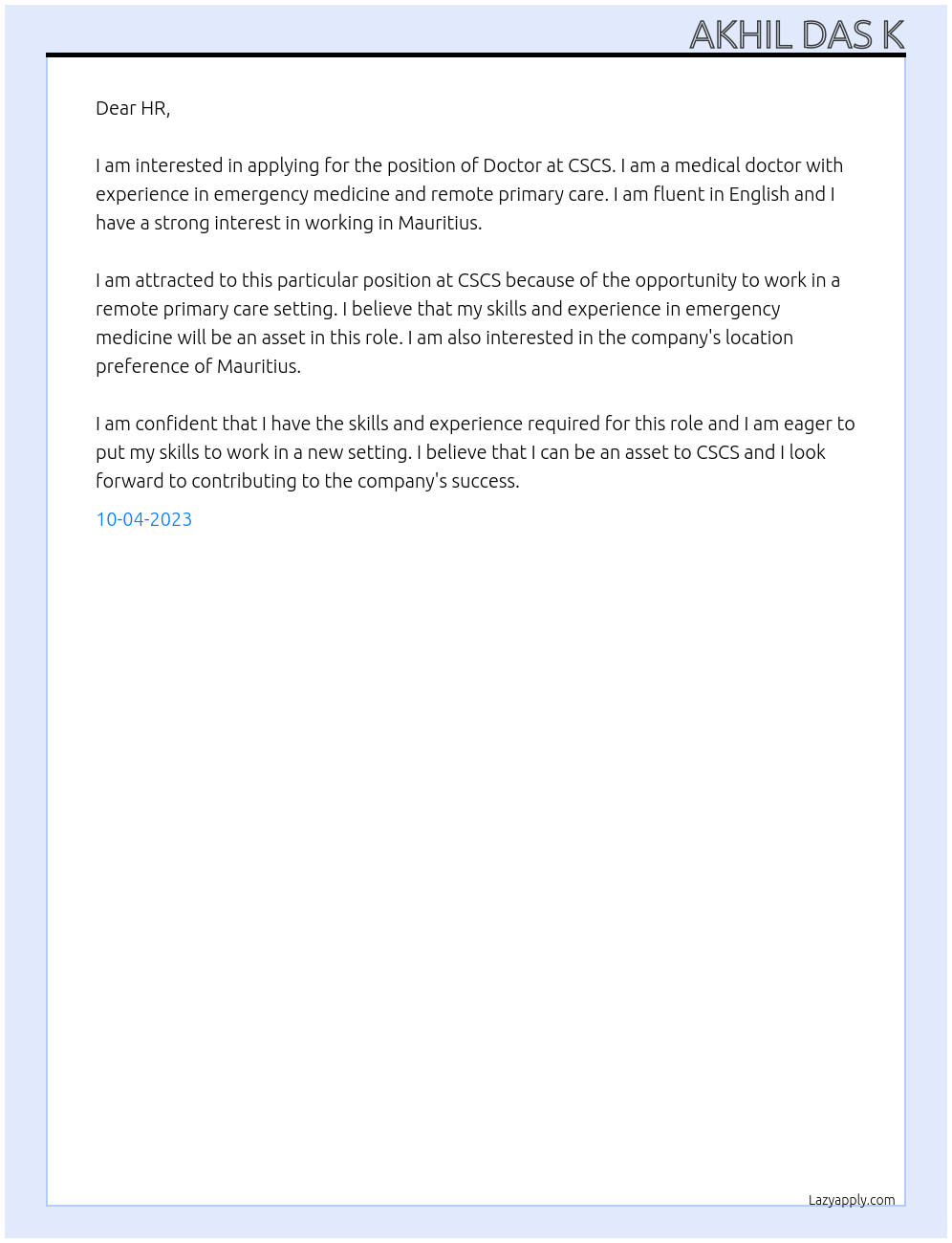 Doctor At CSCS Cover Letter