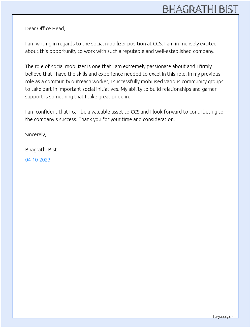 social mobilizer At CCS Cover Letter
