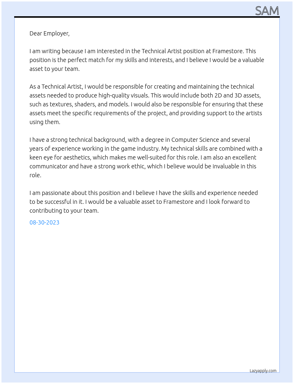 Technical Artist At Framestore Cover Letter