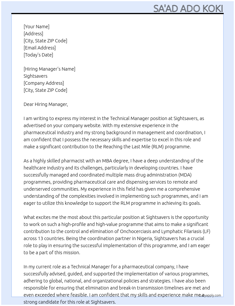 Technical Manager At Sightsavers Cover Letter