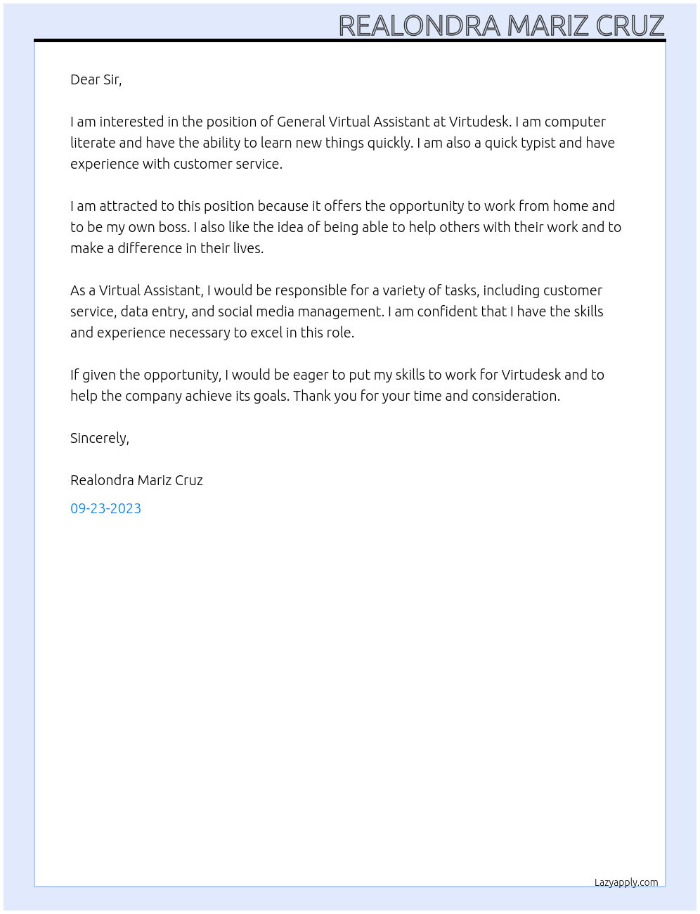 General Virtual Assistant At Virtudesk Cover Letter