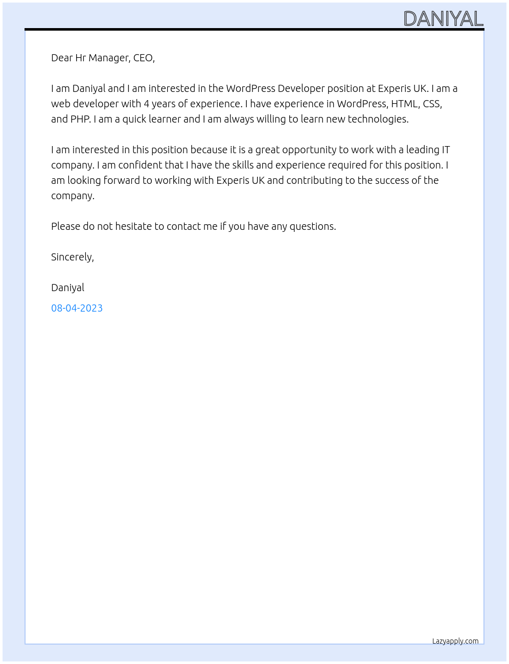 WordPress Developer At Experis UK Cover Letter