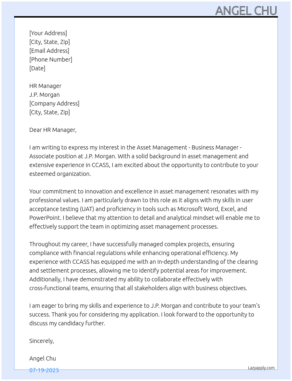 Cover letter for asset management - business manager - associate - LazyApply