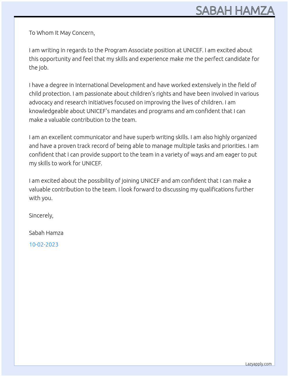 Program Associate At unicef Cover Letter