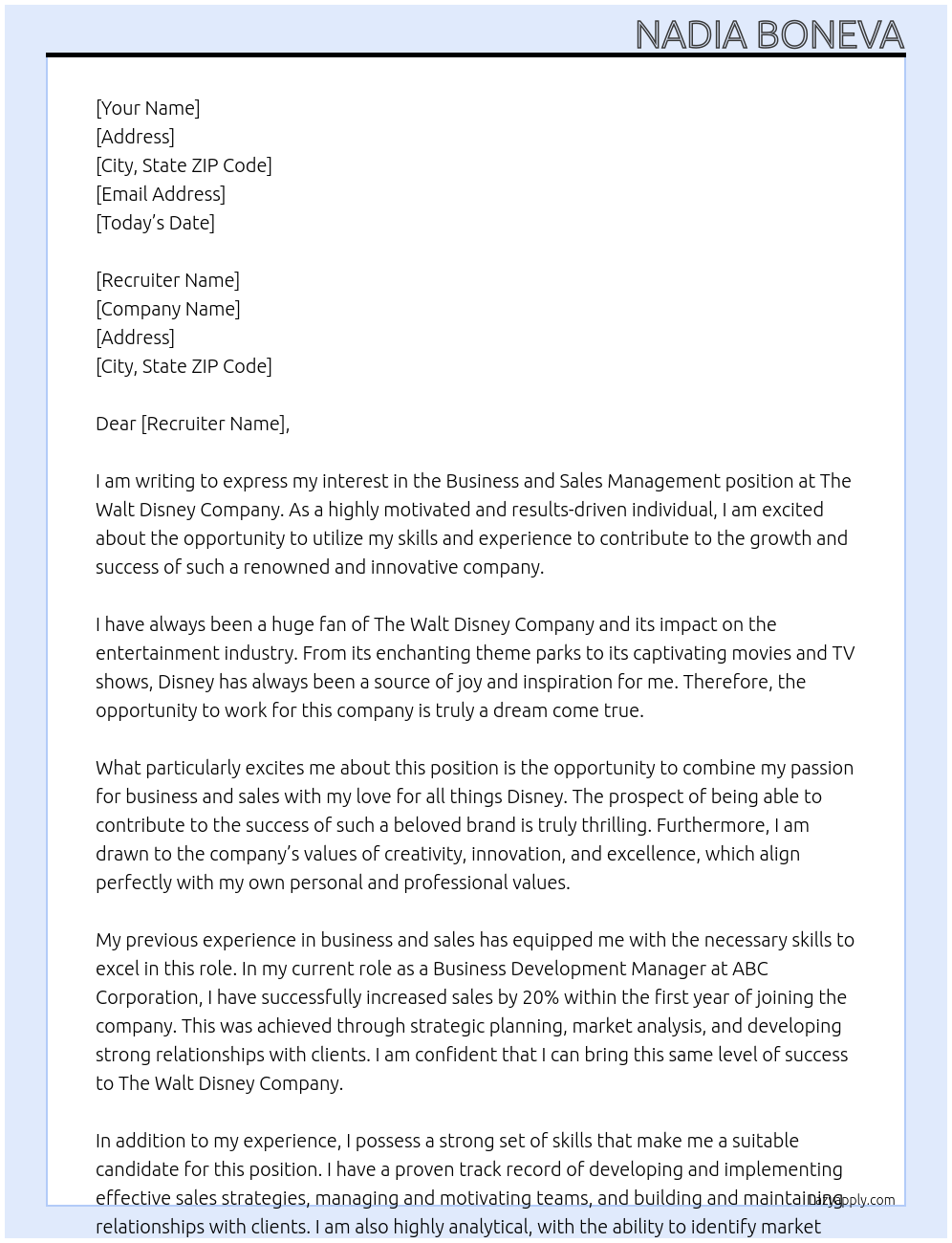 Business and Sales Management At The Walt Disney Company Cover Letter