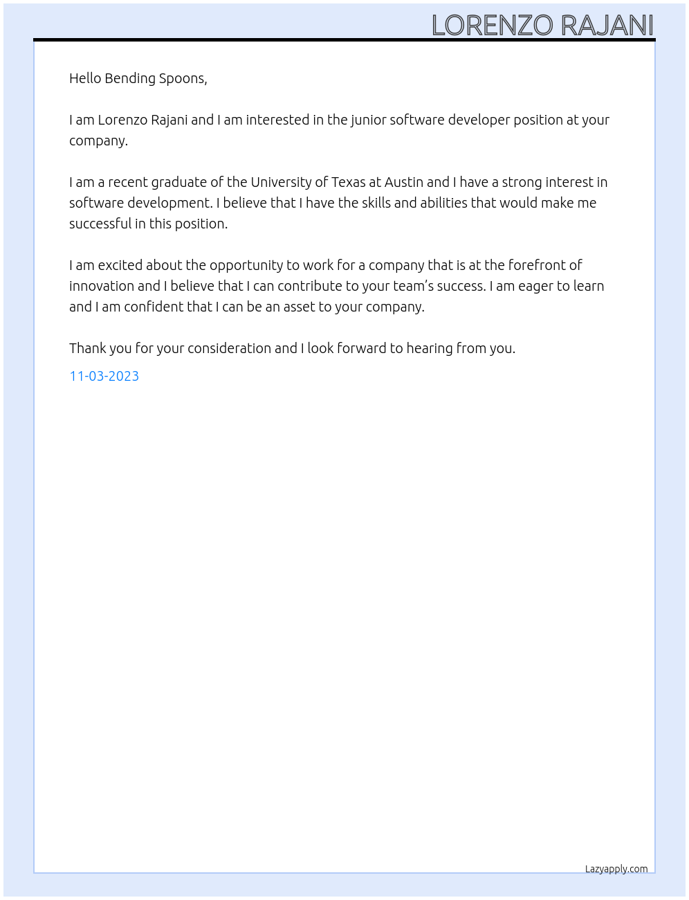 junior software developer At Bending Spoons Cover Letter