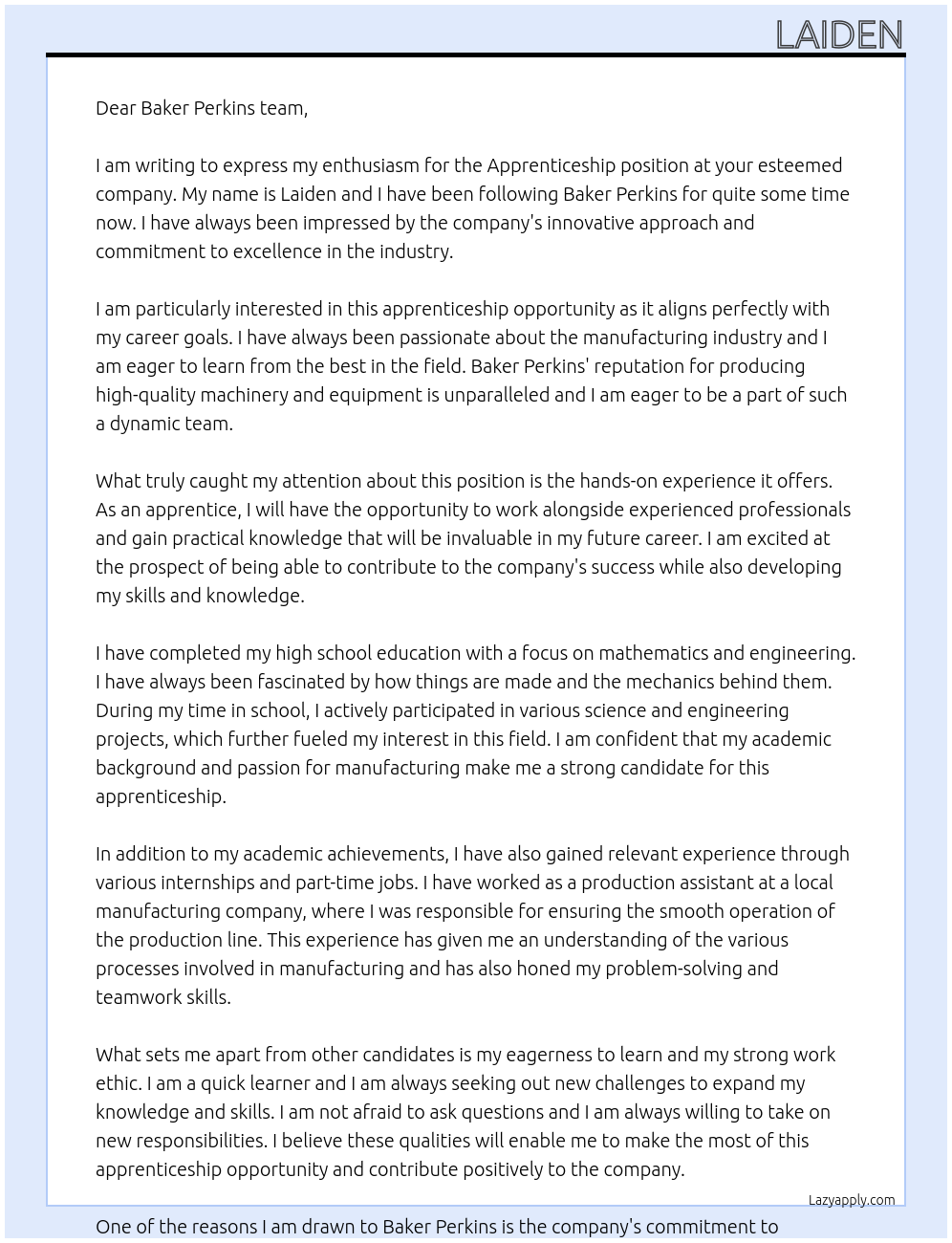 Apprenticeship At Baker perkins Cover Letter