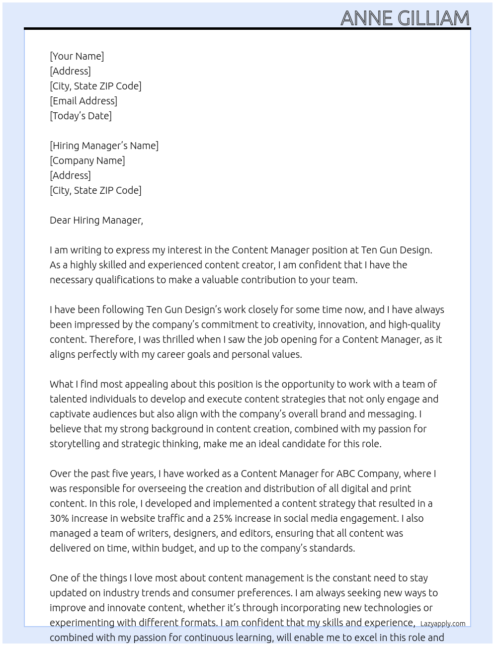 Content Manager At Ten Gun Design Cover Letter
