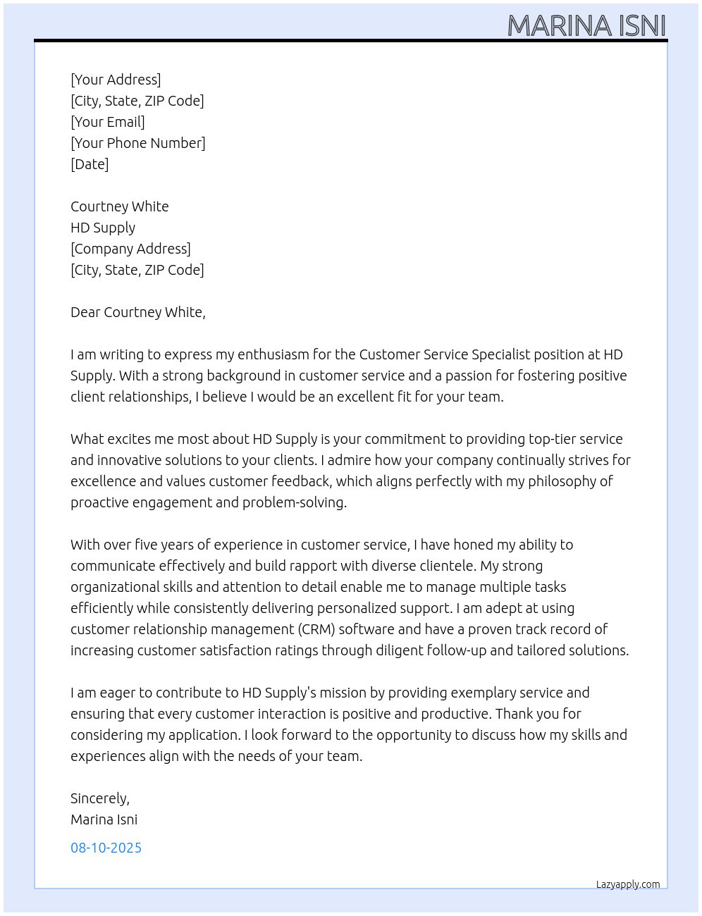 Customer Service Specialist At HD Supply Cover Letter