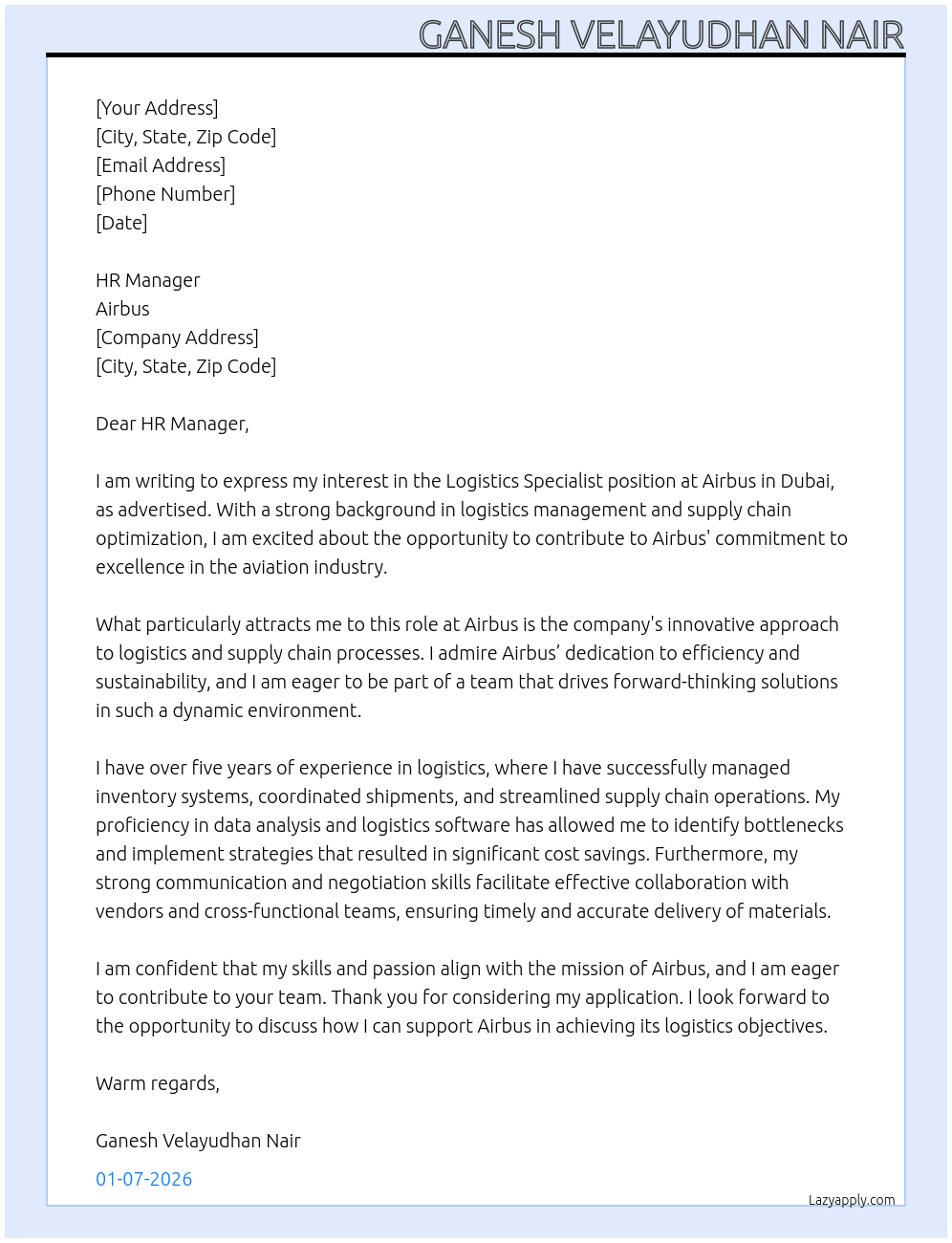 Cover letter for logistics specialist - LazyApply