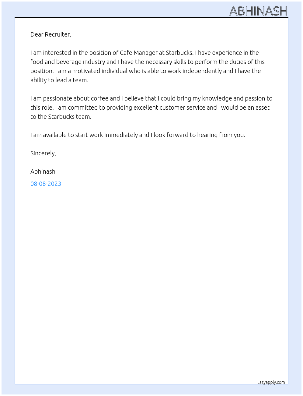 Cafe Manager At Starbucks Cover Letter