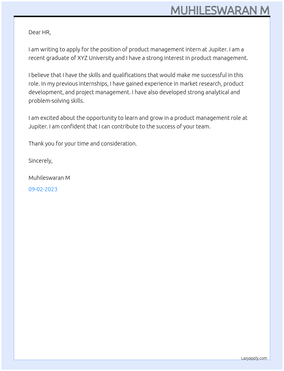 product management intern At jupiter Cover Letter