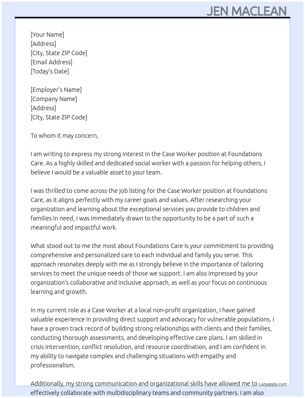 Case Worker At Foundations Care Cover Letter