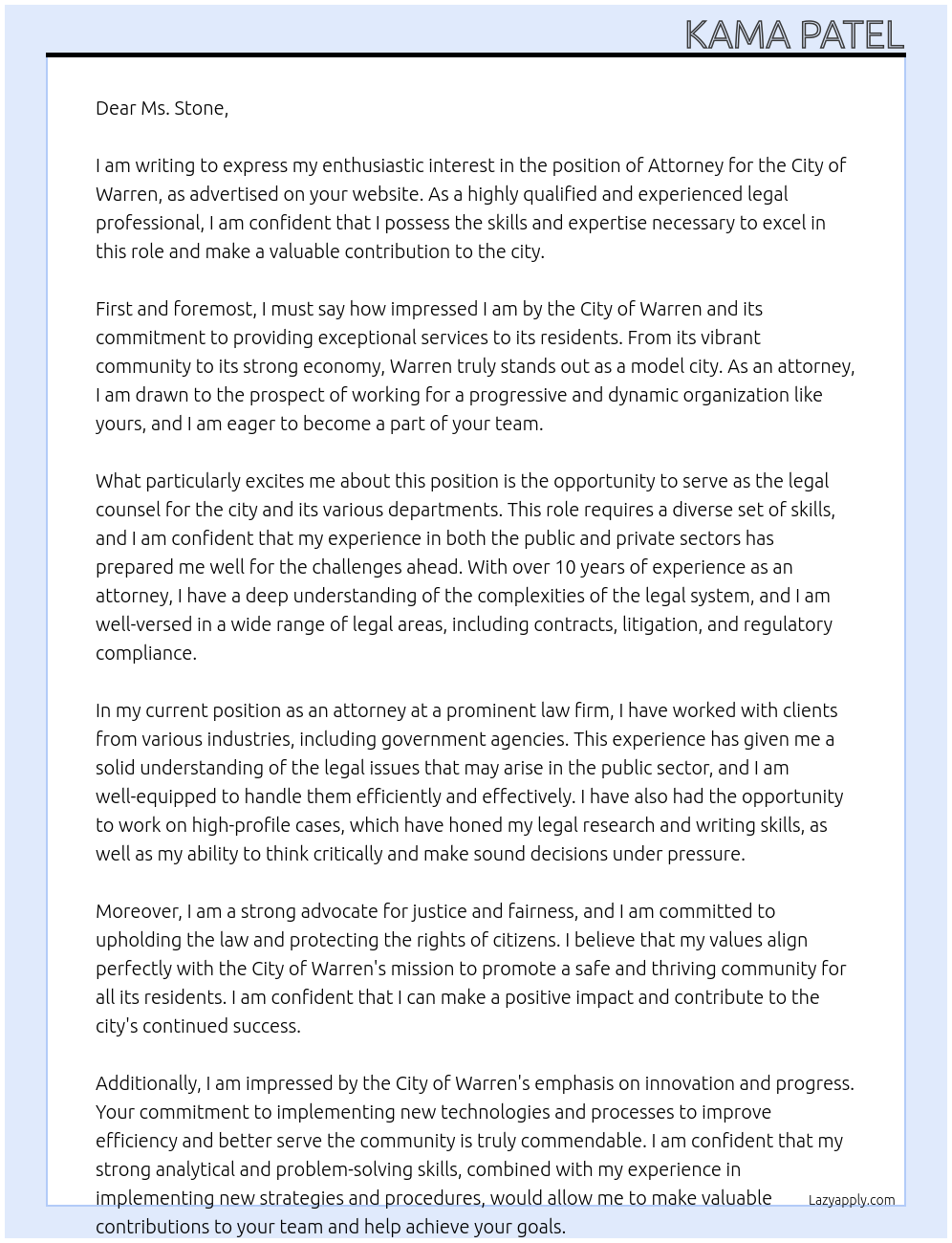 Attorney At City of Warren Cover Letter
