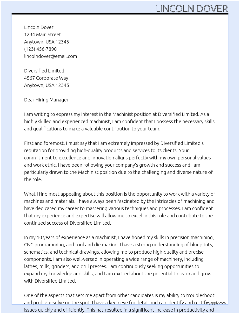 Machinist At Diversified Limited Cover Letter