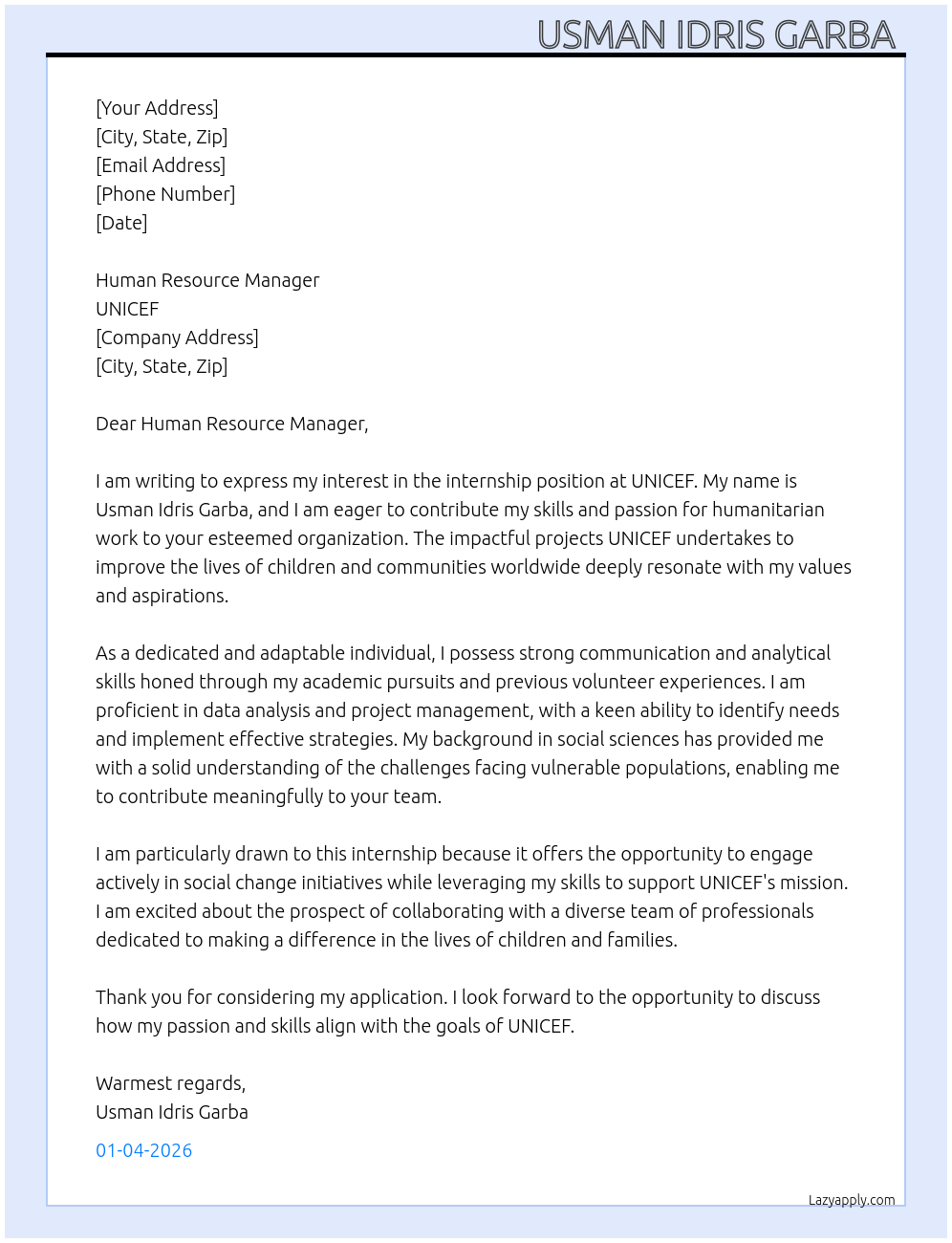 Application for an internship  At Unicef Cover Letter