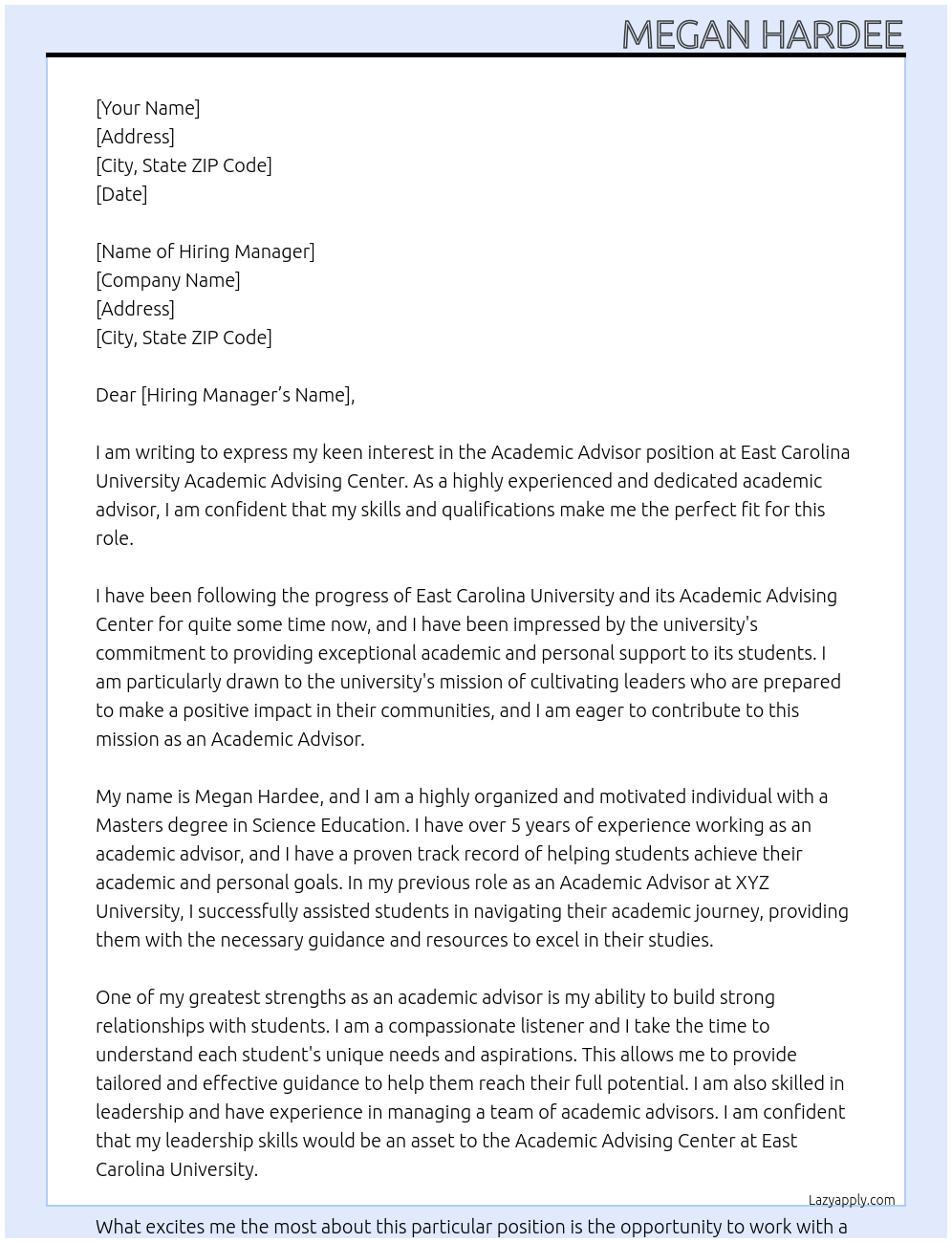 Academic Advisor At East Carolina University Academic Advising Center: Cover Letter