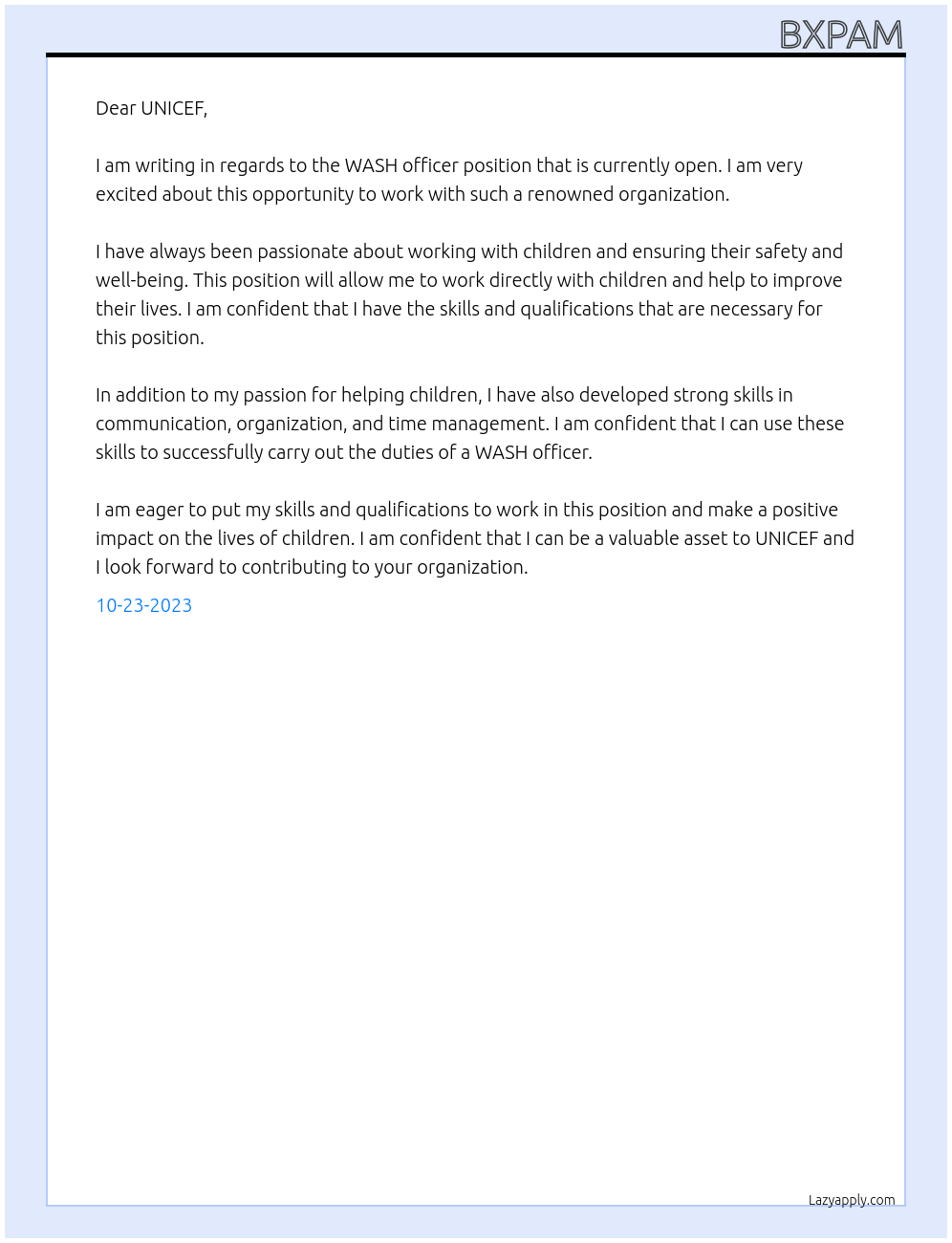 WASH officer At uNICEF Cover Letter