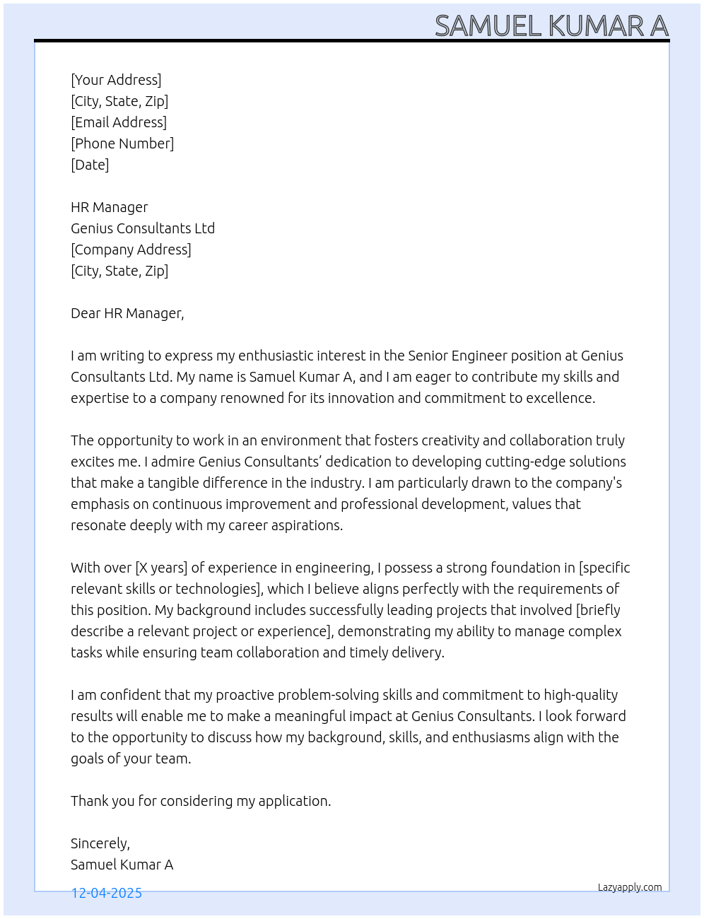 Cover letter for senior engineer - LazyApply