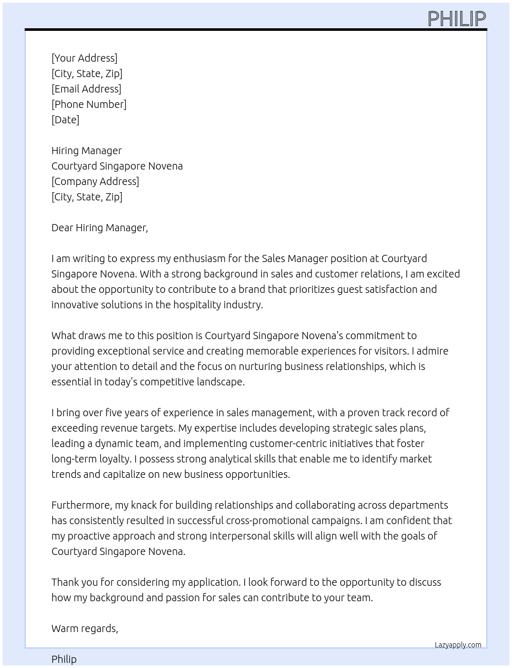 Sales Manager At Courtyard Singapore Novena Cover Letter