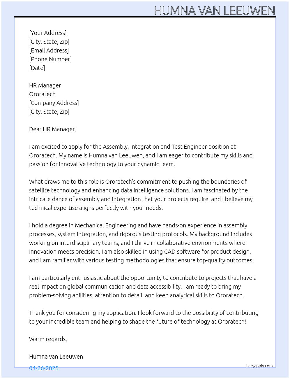 Cover letter for assembly, integration and test engineer - LazyApply