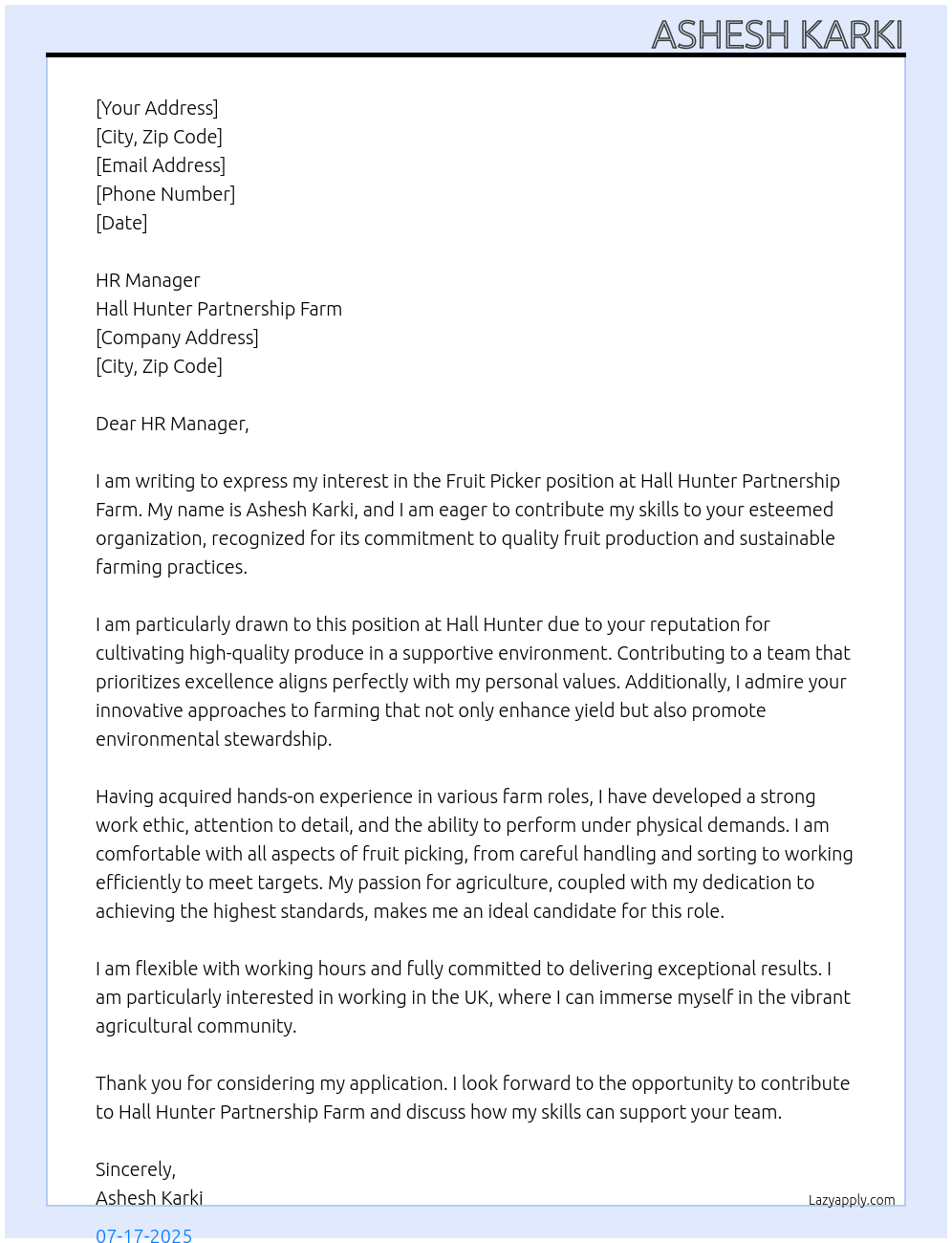 Fruit picker At Hall hunter partnership  farm Cover Letter
