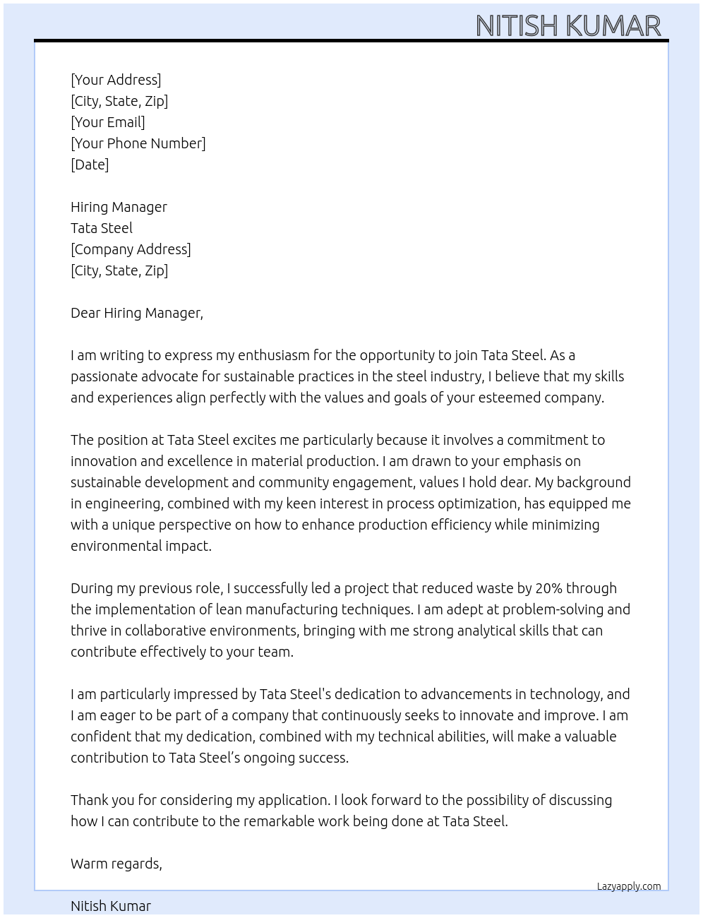 Tata Steel  At Tata Steel  Cover Letter