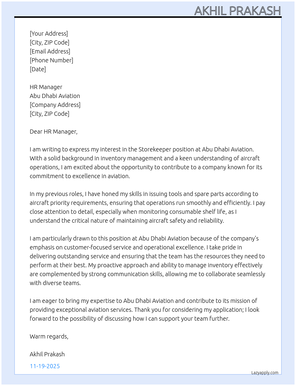 Cover letter for storekeeper - LazyApply