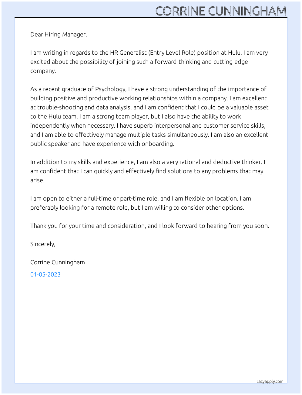 Cover Letter For Hulu LazyApply