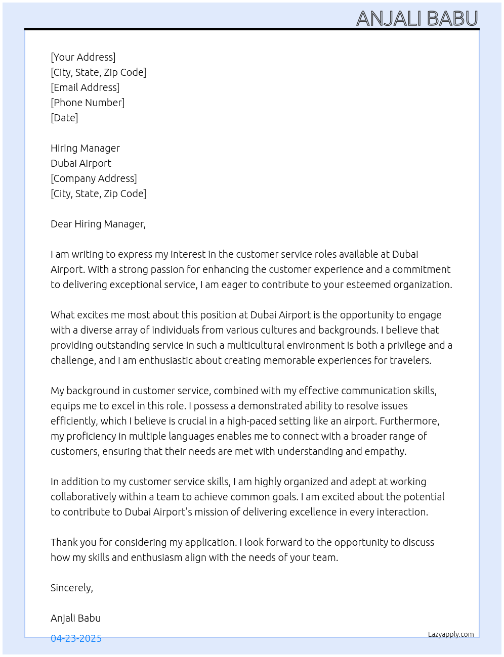 customer service roles At dubai airport Cover Letter