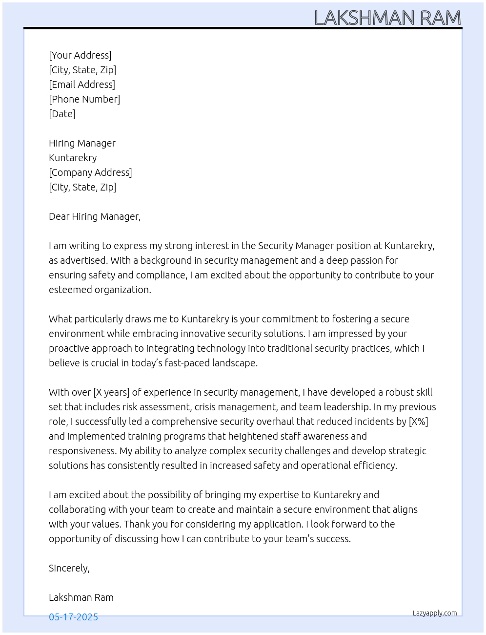 Security Manager At Kuntarekry Cover Letter