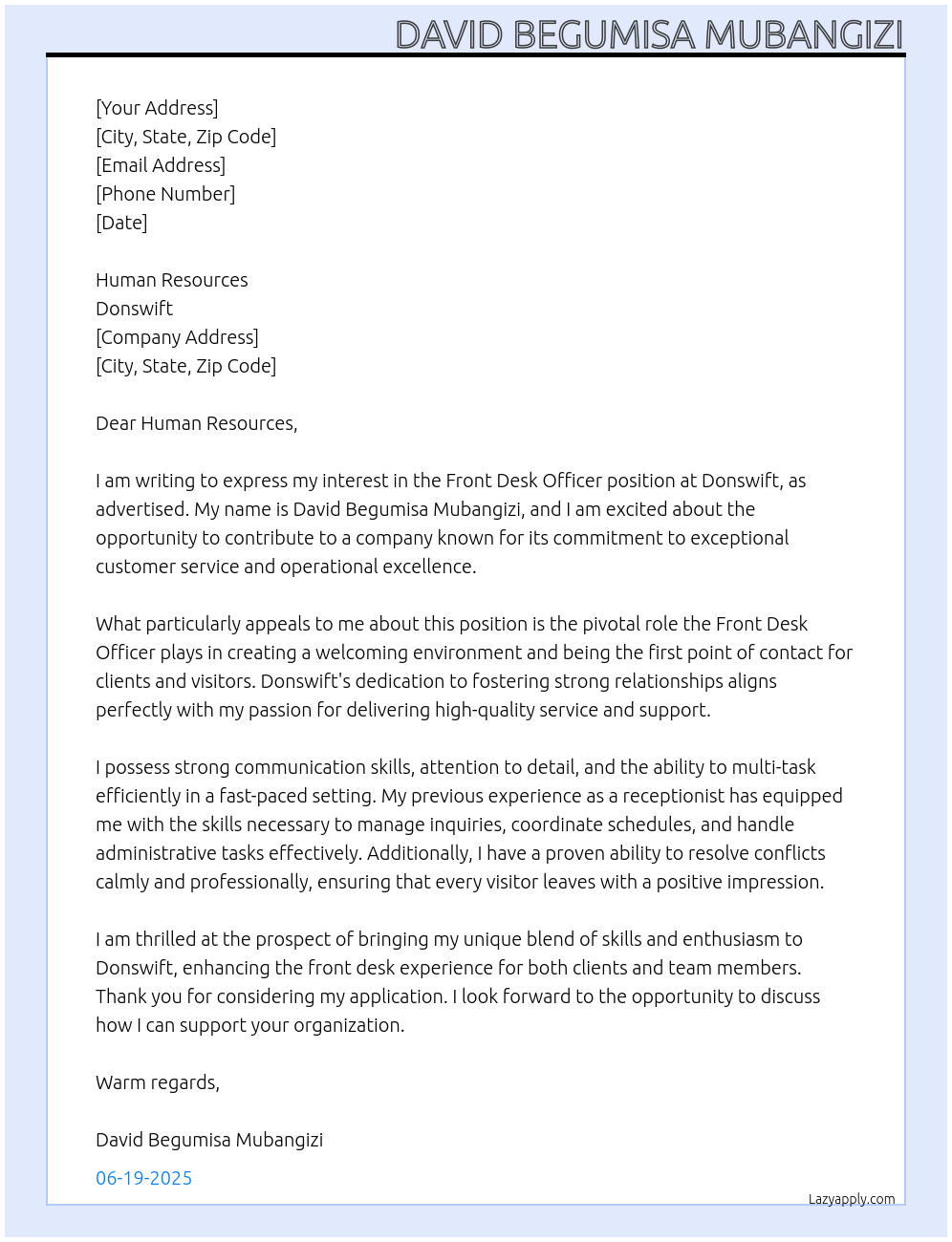 Front Desk Officer At Donswift Cover Letter