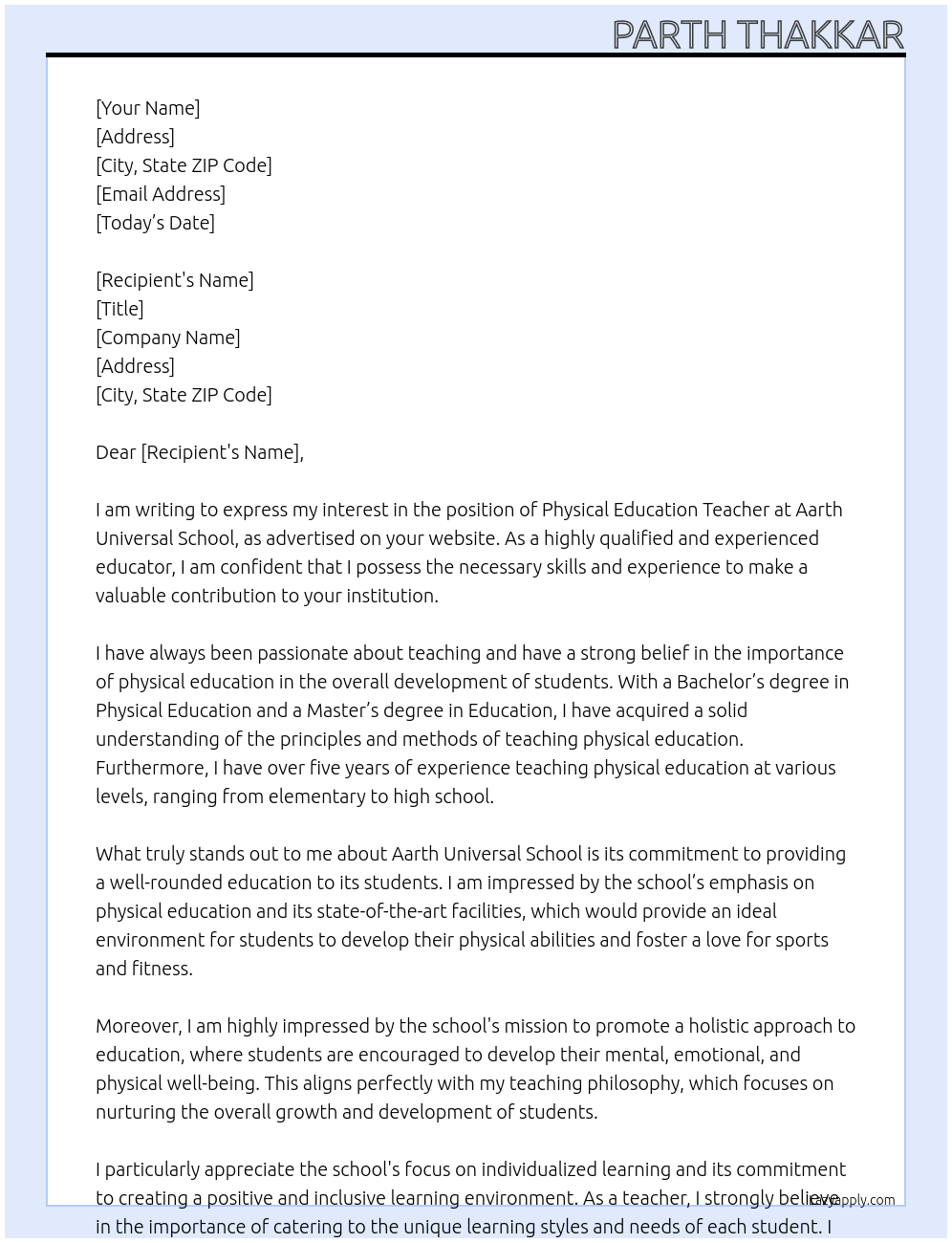 Physical education teacher At Aarth universal school Cover Letter