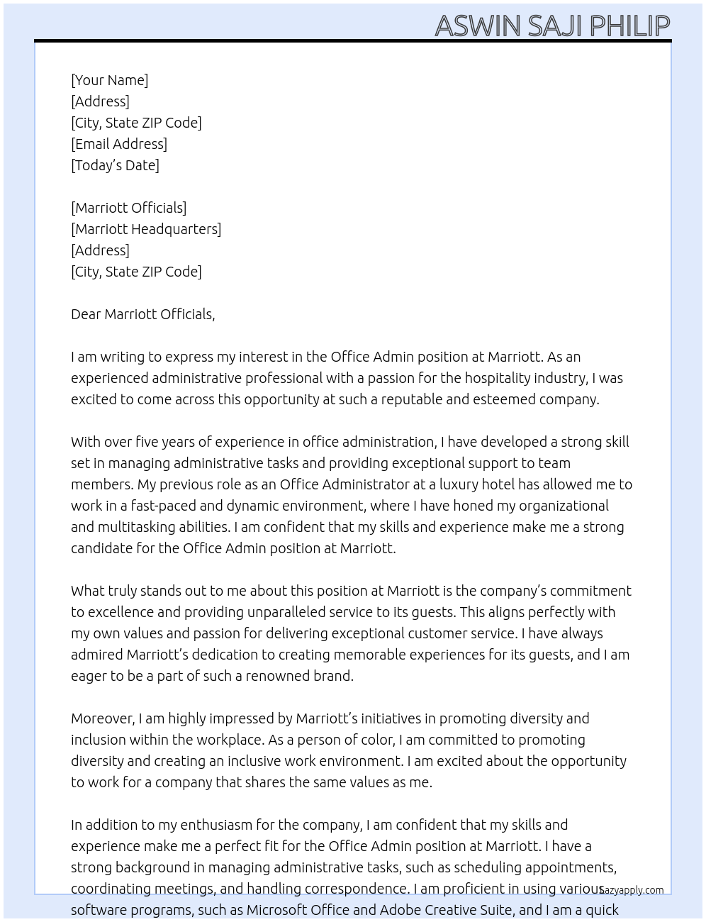 Office Admin At Marriott Cover Letter