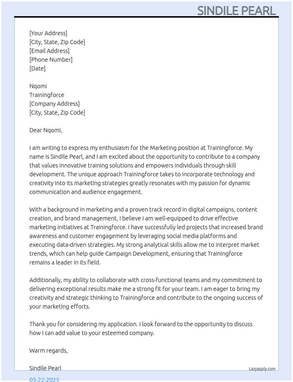 Marketing At Trainingforce Cover Letter