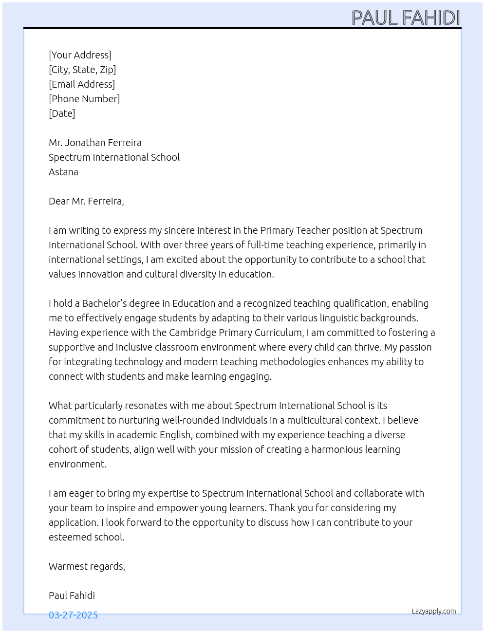 Primary Teacher At Spectrum International School, Astana Cover Letter