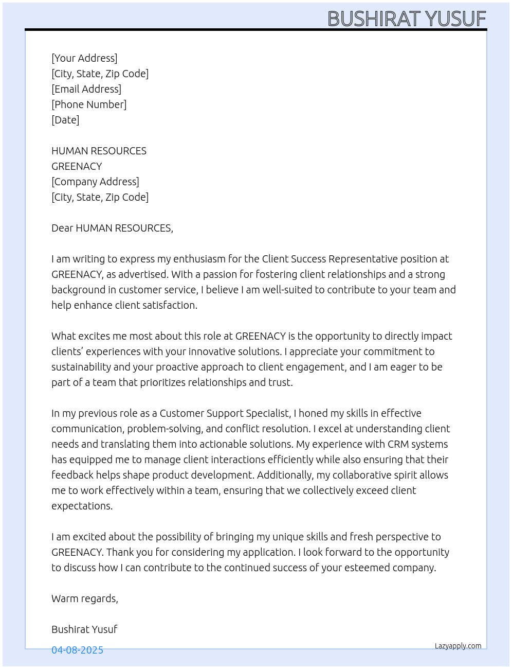 CLIENT SUCCESS REPRESENTATIVE At GREENACY Cover Letter