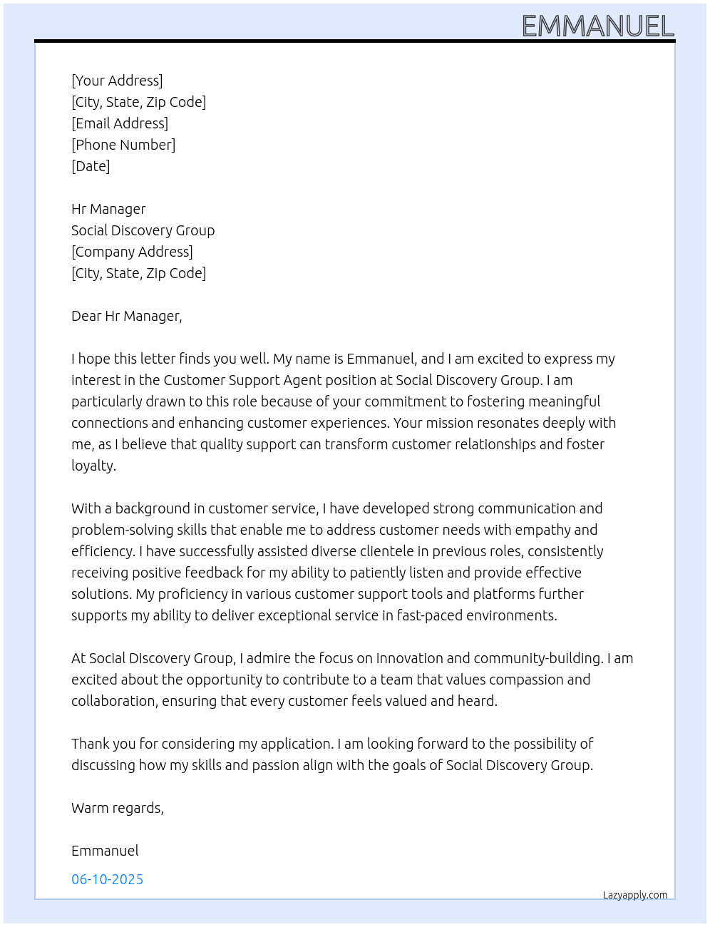 Customer Support Agent At Social Discovery Group Cover Letter