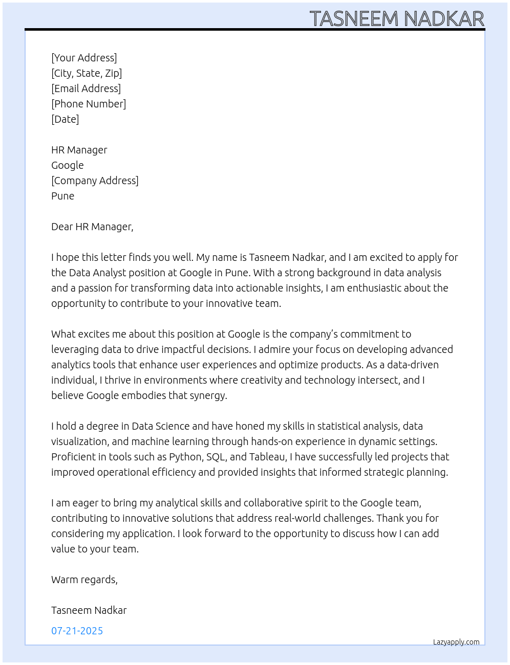 data analyst At google Cover Letter