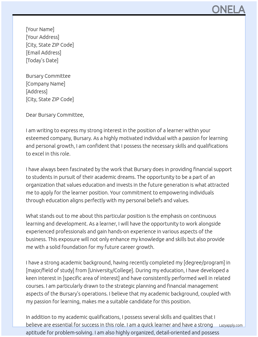 learner  At Bursary  Cover Letter