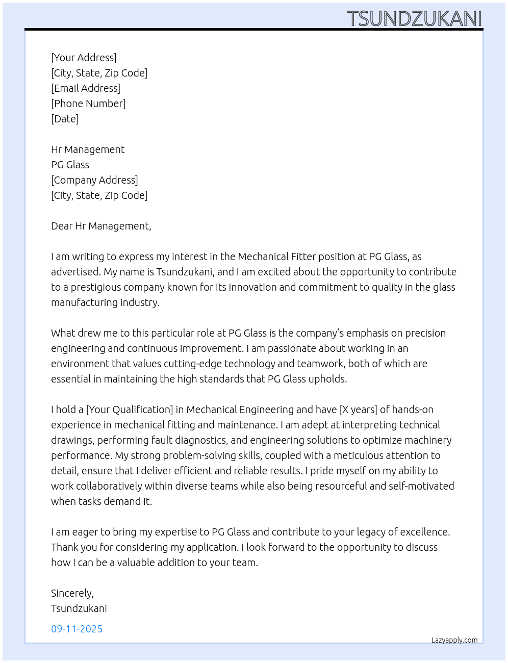 Mechanical fitter At PG Glass Cover Letter