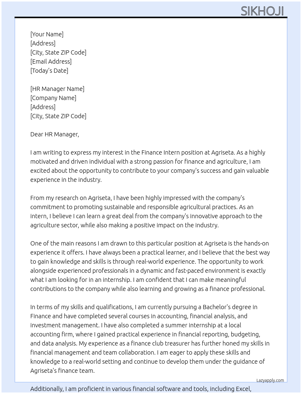 Finance intern At Agriseta Cover Letter